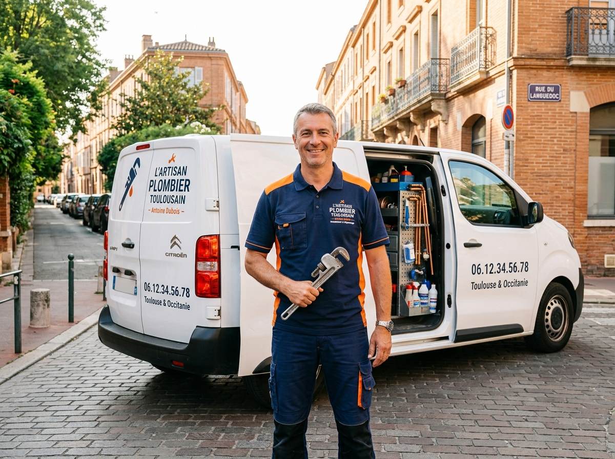 Artisan plombier local et son véhicule utilitaire d'intervention en Occitanie